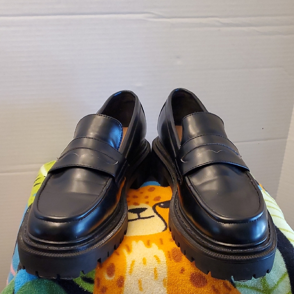 H&M Chunky Platform Lug Sole Black Penny Loafers, Size 8